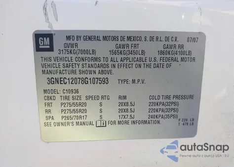 2008 Chevrolet Avalanche 1500 Lt from USA, damaged, VIN 3GNEC12078G107593